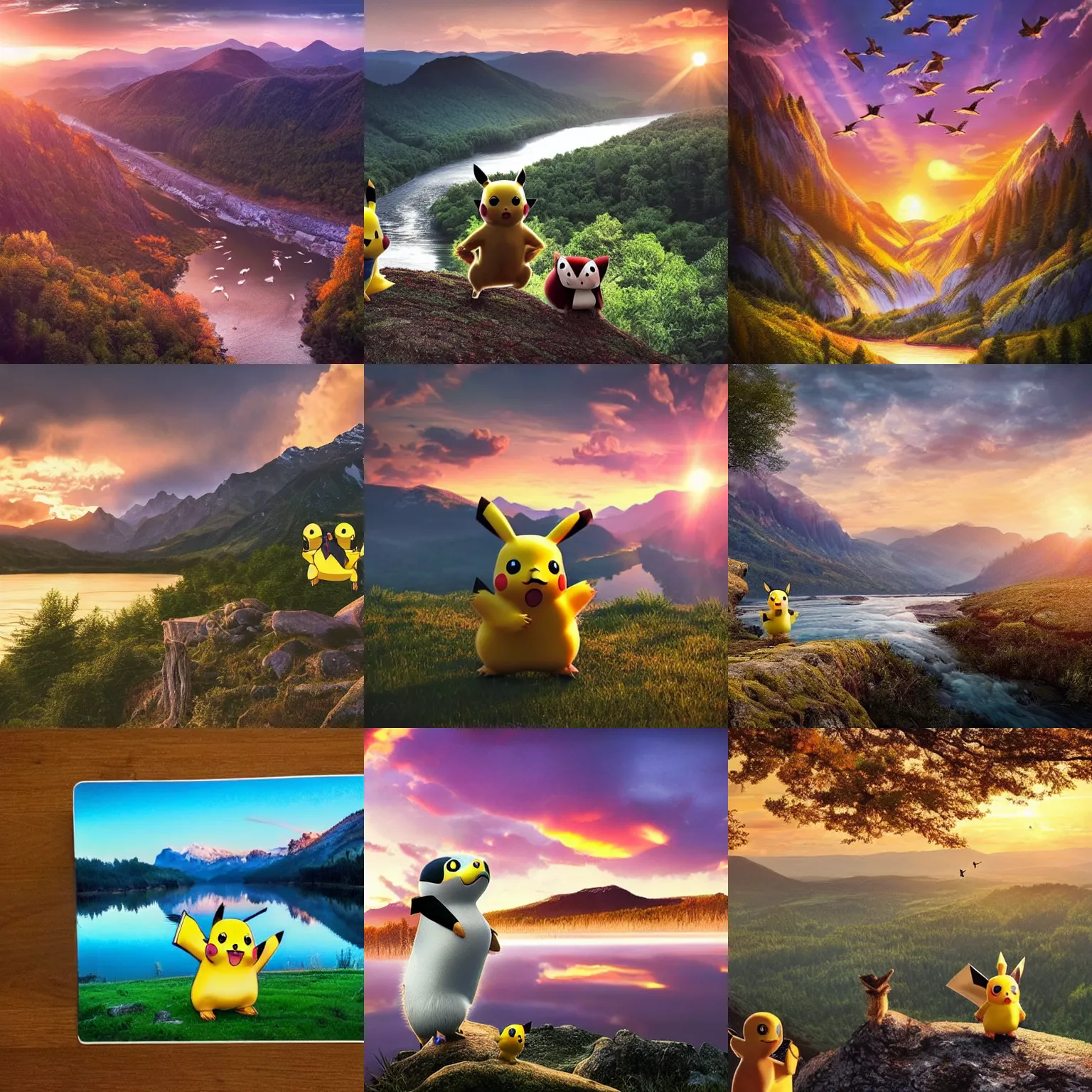 Prompt: A majestic landscape featuring a river, mountains and a forest. A group of birds is flying in the sky. There is an pikachu with a hedgehog standing next to him. They are both staring at the sunset. Cinematic, very beautiful, award winning photo