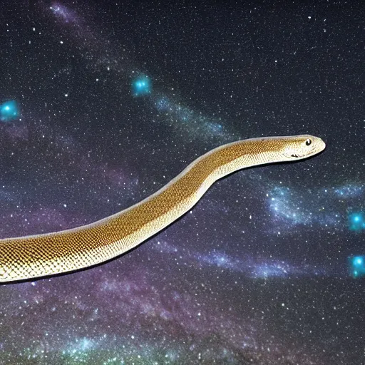 Prompt: a full shot of giant leucistic texas rat snake floating in the milky way sourronded with gemstones, unreal engine 5