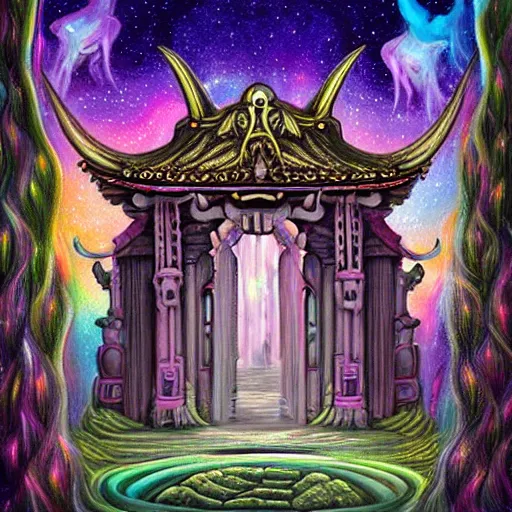 Prompt: a beautiful painting of a haunted unicorn temple, by hr giger, lisa frank, josan gonzalez, chibi, artstation