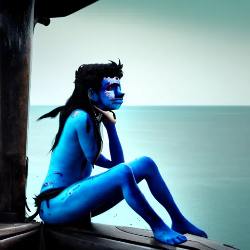 Image similar to a dnd Triton girl with blue skin and messy black hair sitting on the deck of a ship, a little blue-skinned girl with messy black hair sharp pointed ears freckles along the ridges of her cheeks, dnd triton, high resolution film still, 4k, HDR colors