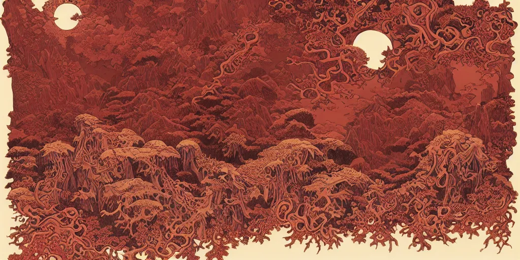 Image similar to dark red paper with intricate designs,tarot card ,a mandelbulb fractal dolomites and hay monsters, tyrolean folklore masks,full of golden layers, flowers, cloud, vines, mushrooms, swirles, curves, wave,by Hokusai and Mike Mignola, trending on artstation,elaborate dark red ink illustration