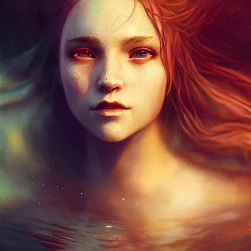 Image similar to playful beautiful captivating mermaid portrait, mysterious atmospheric lighting, painted, intricate, volumetric lighting, beautiful, rich deep colours masterpiece, golden hour, photoreal, sharp focus, ultra detailed, by leesha hannigan, ross tran, thierry doizon, kai carpenter, ignacio fernandez rios