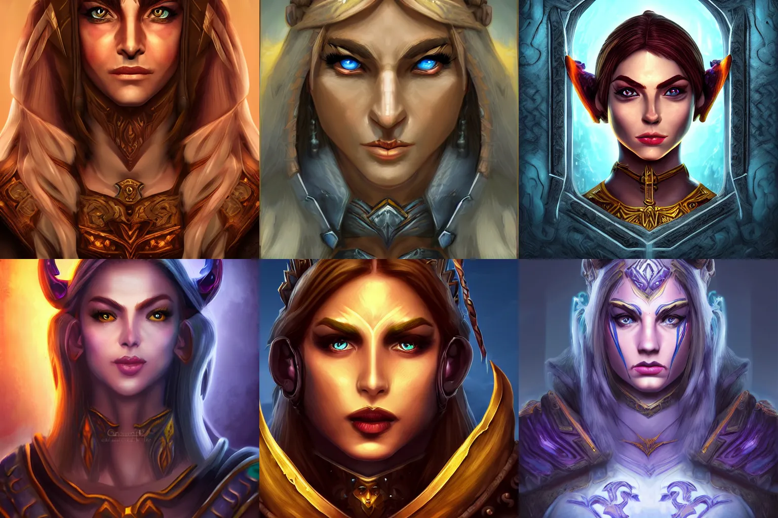 Prompt: a warcraft character symmetrical female face game portrait, ultra HD, hand painted style, ambient light background, rim light on character