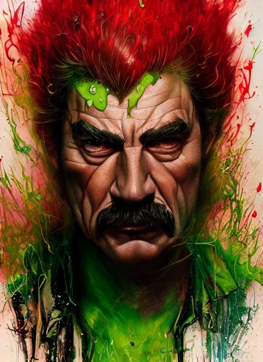 Image similar to a demon slayer portrait of tom selleck, tall, pale - skinned, slender with lime green eyes and long eyelashes by stanley artgerm, tom bagshaw, arthur adams, carne griffiths, trending on deviant art, street art, face enhance, chillwave, maximalist, full of color, glittering