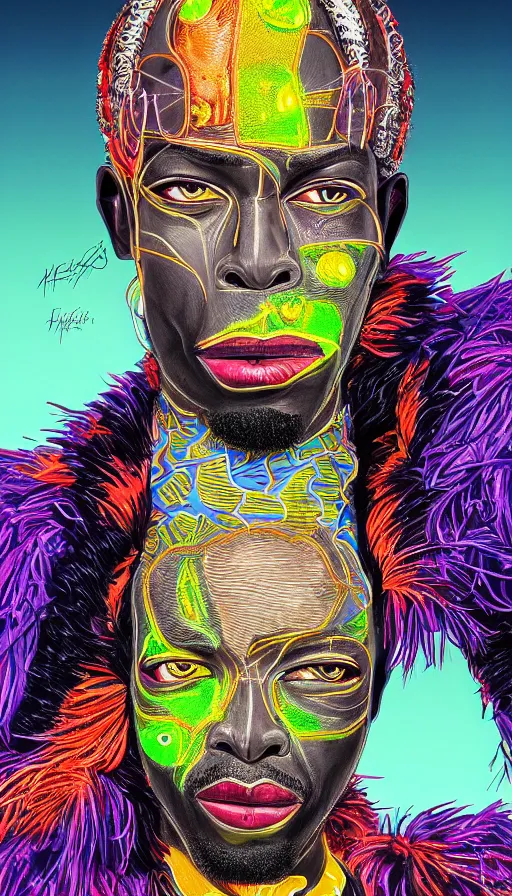 Image similar to detailed full body illustration of an African male with face augmentations, strong neon lighting, Afrofuturism, extravagant feathered collar, by glenn fabry, hyper realistic, HD, oil on canvas