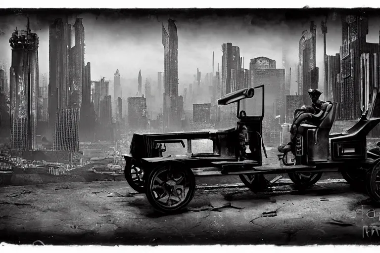 Prompt: cyberpunk 1 9 0 8 model ford t by paul lehr, metropolis, parked by view over city, vintage film photo, robotic, black and white photo