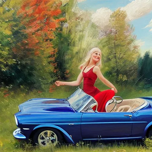 Image similar to blonde driving 1 9 5 0 ford mustang, swedish countryside, freedom, scenic, beautiful, painting by vladimir volegov