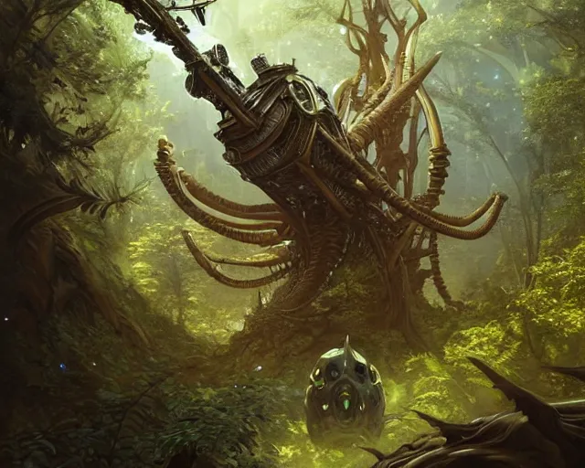 Image similar to aliens discovering technological artifact in a forest, deep focus, d & d, fantasy, intricate, elegant, highly detailed, digital painting, artstation, concept art, matte, sharp focus, illustration, hearthstone, art by artgerm and greg rutkowski and alphonse mucha