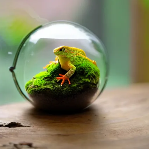 Prompt: gecko sitting inside a terrarium, moss on the background