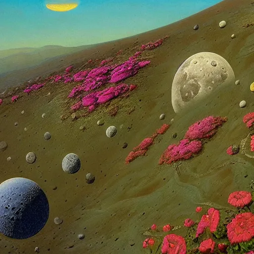 Image similar to a landscape on the moon with many craters, barren moon landscape, a broken moon lander, in a big crater at the center there is a beautiful flowering garden, 8 k, lowbrow in the style of martin johnson heade, roger dean and daniel merriam,