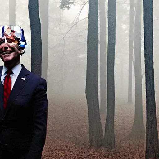 Image similar to joe biden seein in the foggy woods with a devilish grin in his face in the new horror movie, creepy