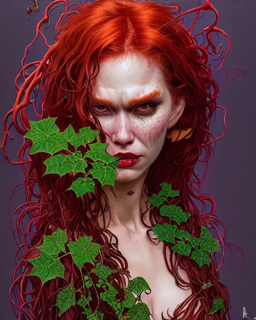 Image similar to closeup portrait the platonic ideal of flowers and roots of cletus kasady, venom, poison ivy, ultimate beautiful succubus, intricate, hyperrealism, intense, dmt, artgerm, moebius, greg rutkowski, dan mumford, alphonse mucha