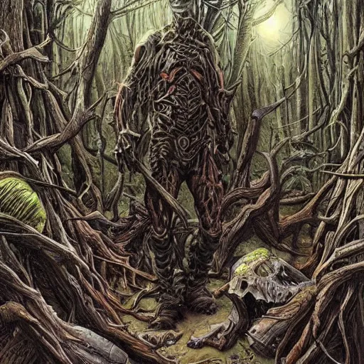 Image similar to sci - fi monster hunters, walking in a flesh and bones forest, hyperdetailed, art liam sharp