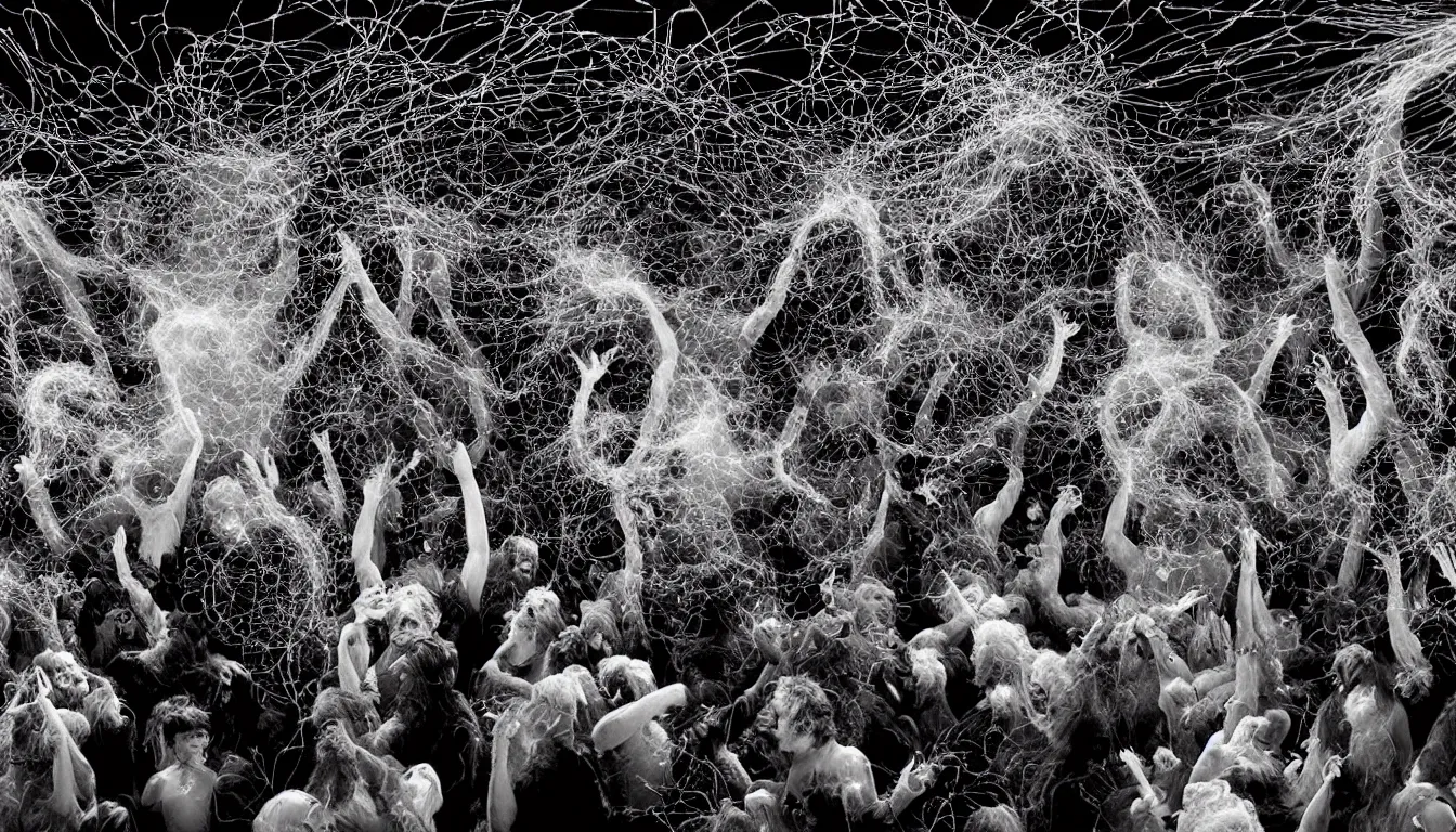 Prompt: in the style of Kevin O’Neil , 2000AD ,feedback loop , burst of powders ,detailed entangled fibres ,volumetric lighting, twisting vapour, bellowing dust ,flowing shimmering fabrics, emerging hands and an ancient male bearded face , Hundreds of humans , emerging hands and beautiful women’s and men screaming laughing and crying face , full colour , upscale , 4k