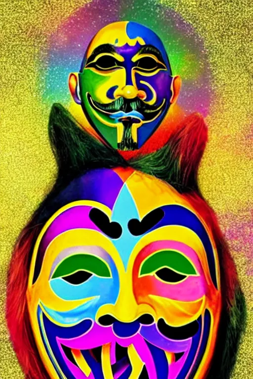 Image similar to guy fawkes mask, lisa frank + salvador dali,