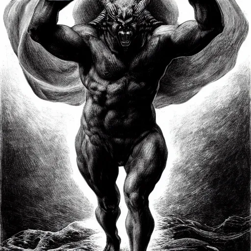 Prompt: full body, grayscale, Gustave Dore, James Daly, muscled humanoid balrog demon, horns, heroic pose, swirling flames