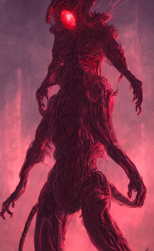 Image similar to mother demogorgon in the background, red ambience, at night, creepy over the street in the background, dynamic lighting, photorealistic fantasy concept art, trending on art station, stunning visuals, creative, cinematic, ultra detailed