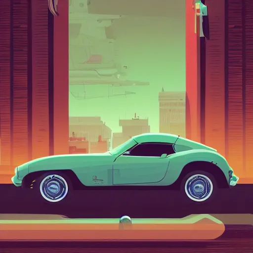 Prompt: people looking at a car, intricate, elegant, highly detailed, vector illustration, artstation, concept art, smooth, sharp focus, illustration, art by samuel werczler, tom whalen, niark 1, jonny wan, sea green color theme