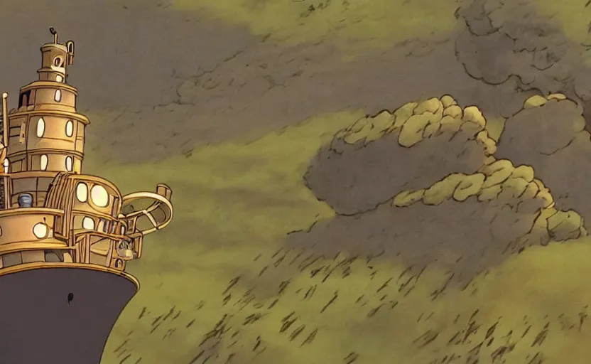 Image similar to a cell - shaded cartoon movie still from howl's moving castle ( 2 0 0 4 ) of a golden ufo very dull muted colors, hd, 4 k, hq