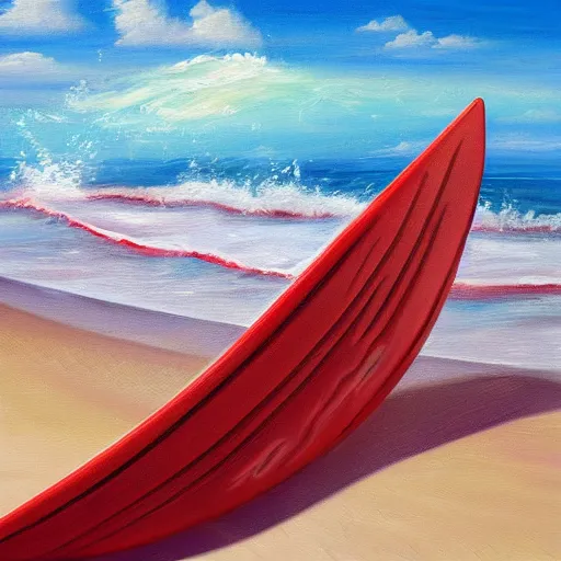 Prompt: red robot surfing the wave, island in the background, oil painting, tropical style, 3 d digital art