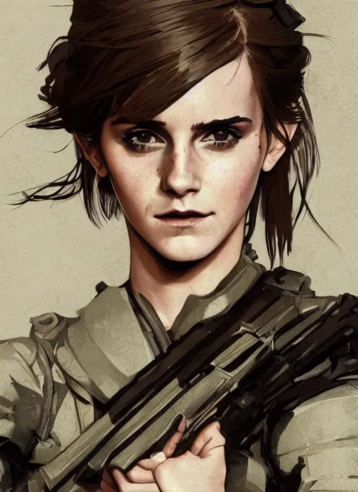 Prompt: fashion model emma watson wearing metal gear armour art by Hokusai by greg rutkowski by wlop high detail comic sharp vector lineart dramtic lighting artstation by trevor henderson by rossd raws cinematic dramatic