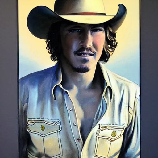 Prompt: portrait of Morgan Wallen cowboy artwork by boris vallejo