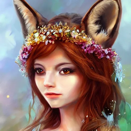 Image similar to portrait of a fox wearing a tiara wreath flowers, fantasy art, d & d, trending on artstation, beautiful art, highly detailed