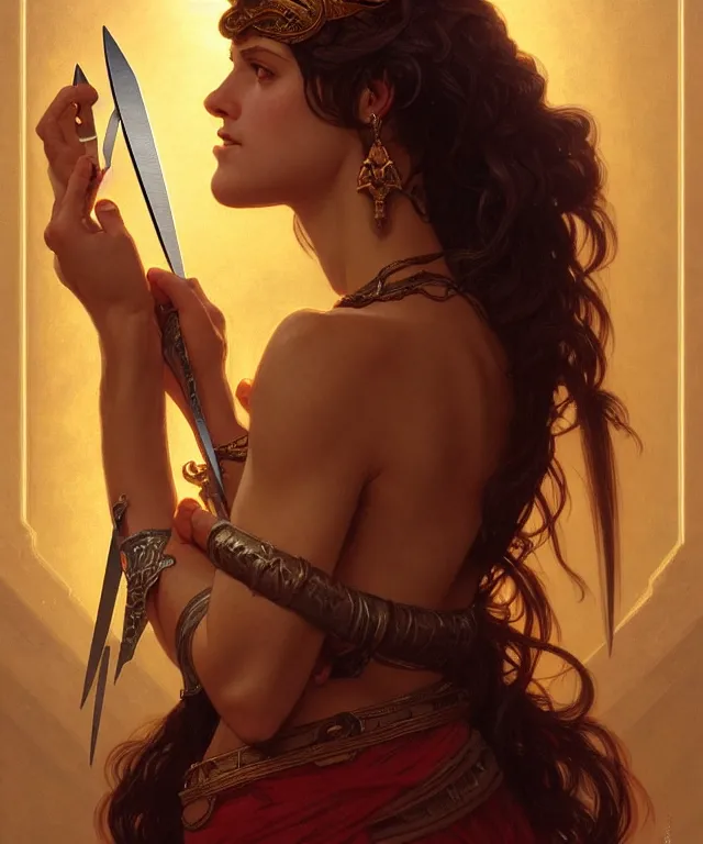 Image similar to portrait of biblical delilah holding a lock of hair and medieval shear scissors, intricate, headshot, highly detailed, digital painting, artstation, concept art, sharp focus, cinematic lighting, illustration, art by artgerm and greg rutkowski, alphonse mucha, cgsociety