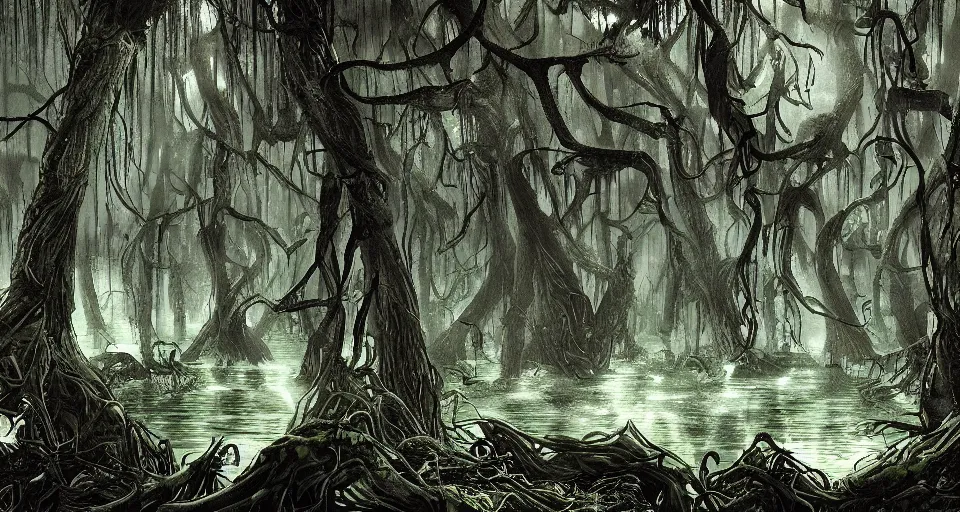 Prompt: A dense and dark enchanted forest with a swamp, from attack on titan