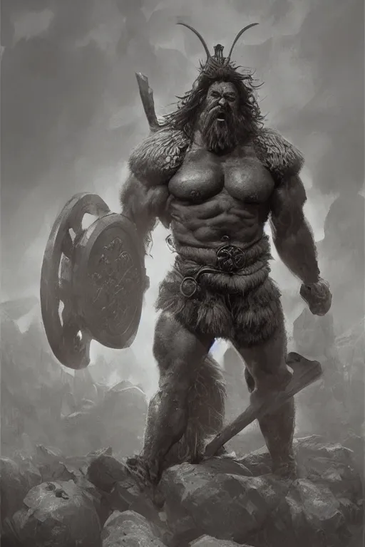 Image similar to giant bodybuilding viking warrior king by ruan jia, jack kirby, norman rockwell, wayne barlow, sergey krasovskiy, zdzislaw beksinski, artstation creature