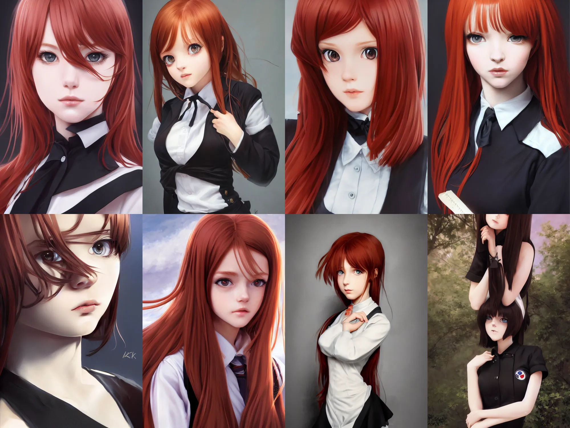 Prompt: Gorgeous ultrarealistic redhead Italian schoolgirl, in black uniform, silky hair, very detailed stunning deep eyes. By ilya kuvshinov, krenz cushart, Greg Rutkowski, trending on artstation. Realistic materials, large highlights, accurate shape, clear curvy details, cinematic soft volumetric studio lighting, with backlight, VFX, HDR