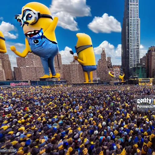 Prompt: news photo of giant minion parade floats in the sky in new york city, detailed 4 k photo