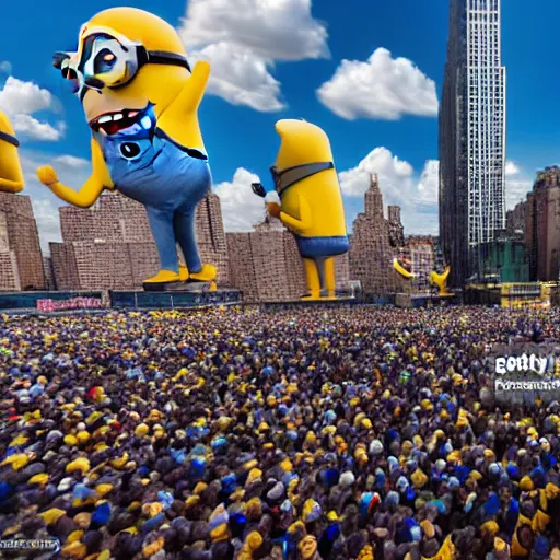 Image similar to news photo of giant minion parade floats in the sky in new york city, detailed 4 k photo