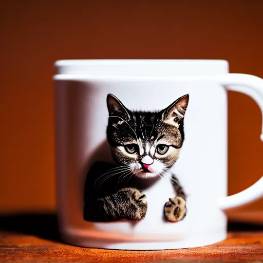 Prompt: a cup full of cats, a cat inside of a mug, high definition, beautiful award winning photography, 8 k.