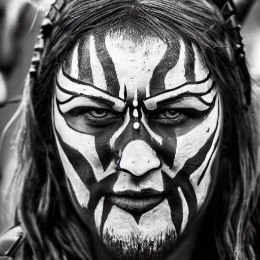 Image similar to viking in black body armour with black and white face painting, extremely detailed image from a film, full color