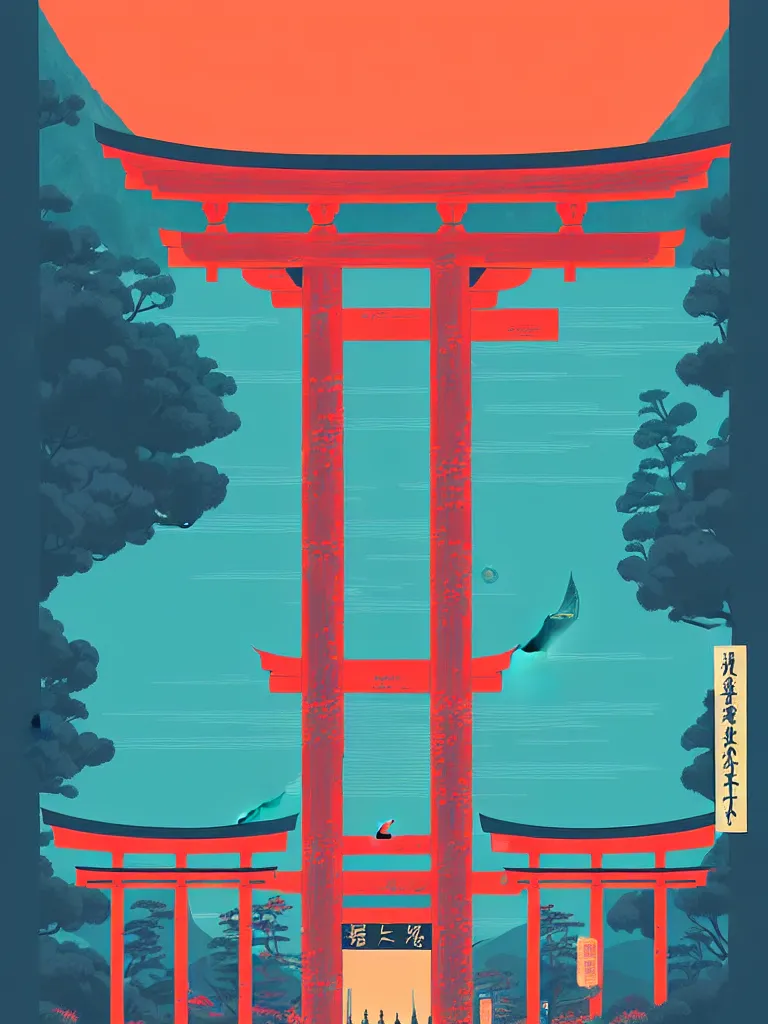 Image similar to a travel poster illustration depicting a japanese torii gate, vintage style, detailed illustration, digital painting, vector art, trending on artstration, by anton fadeev, by alena aenami