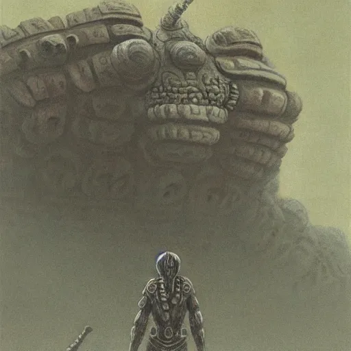 Prompt: snail boss in style of shadow of the colossus by zdzisław beksiński