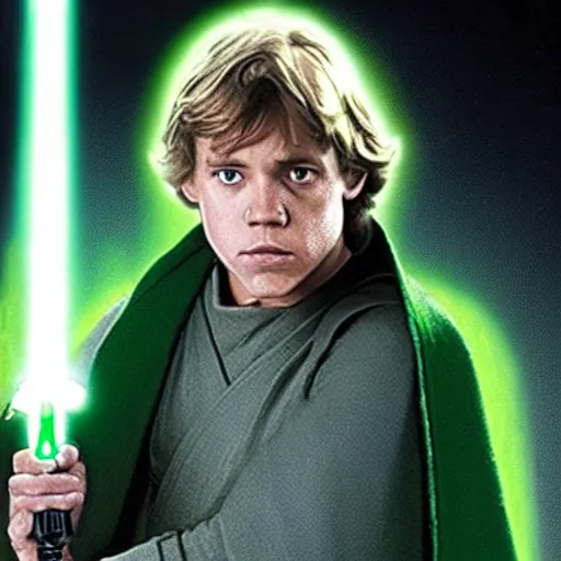 Image similar to Luke Skywalker holding his green lightsaber and looking concerned