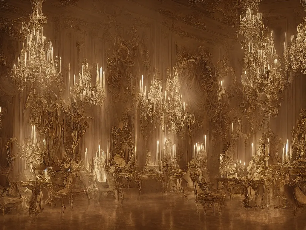 Image similar to Solemn Ghosts Appear in an Opulent French Baroque Ballroom, Hyperrealism, dramatic lighting, spooky, atmospheric