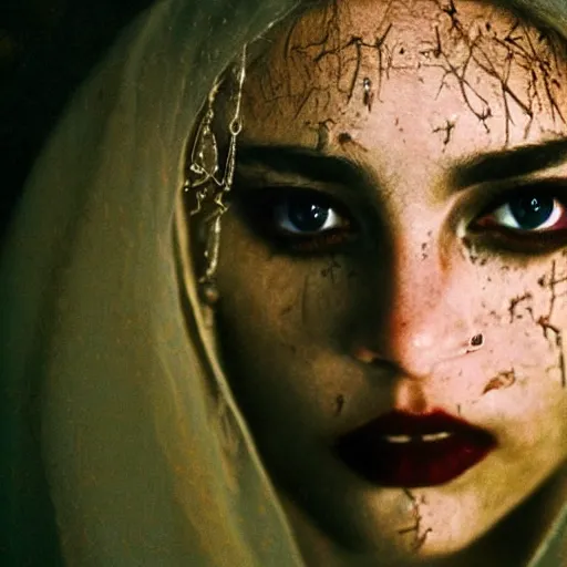 Image similar to beautiful portrait of a dark sorceress female, 35mm, cinematic atmosphere, photorealistic, depth of field, style of irwing penn and steve mccurry