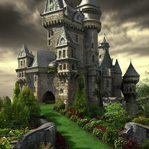 Prompt: a castle within a garden, realistic, photo studio, HDR, 8k, trending on artstation