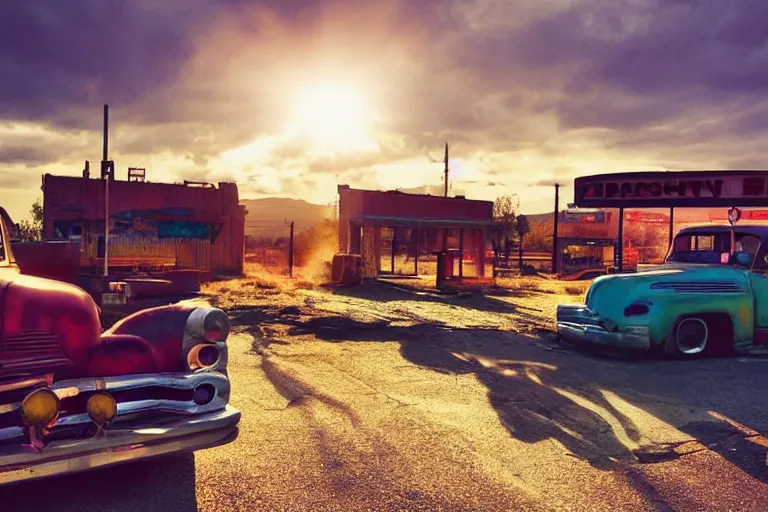 Image similar to a sunset light landscape with historical route 6 6, lots of sparkling details and sun ray ’ s, blinding backlight, smoke, volumetric lighting, colorful, octane, 3 5 mm, abandoned gas station, old rusty pickup - truck, beautiful epic colored reflections, very colorful heavenly, softlight