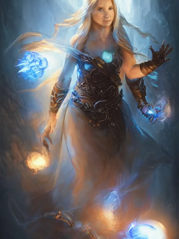 Image similar to Kristin Bell casting a lighting spell, blue lighting, D&D, fantasy, highly detailed, digital painting, trending on artstation, concept art, sharp focus, illustration, art by artgerm and greg rutkowski and magali villeneuve