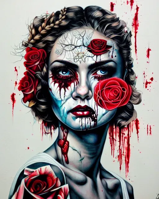 Prompt: horror and blood and rose with sea and ocean intricate details by Sandra Chevrier