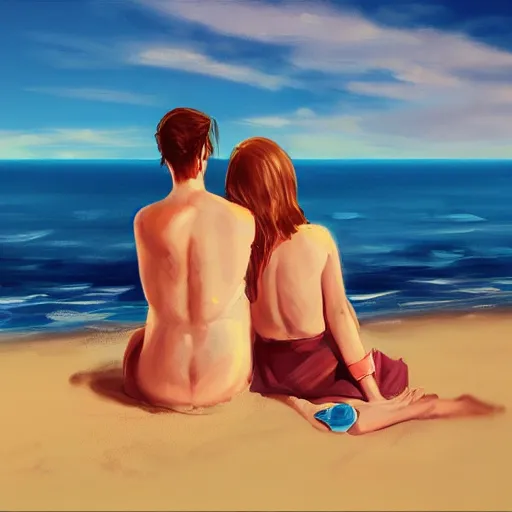 Image similar to a beautiful couple relaxing on the beach, studio ghibi, Trending on artstation