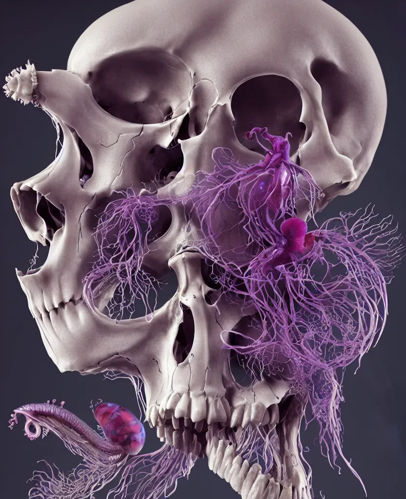 Image similar to absolute symmetry!! goddess close - up portrait human skeleton, ram skull, squid phoenix jellyfish, orchid, betta fish, bioluminiscent, intricate artwork by tooth wu and wlop and beeple. octane render, trending on artstation, greg rutkowski very coherent symmetrical artwork. cinematic, hyper realism, high detail, octane render, 8 k