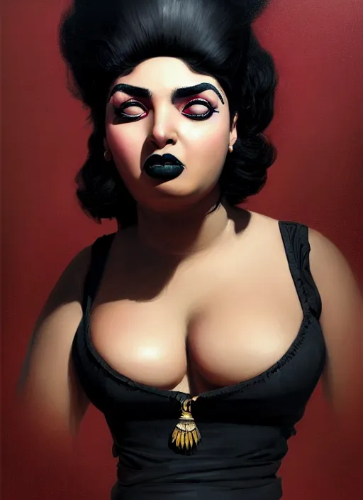Image similar to portrait of a plump egyptian woman with a crooked nose and a confident expression, 1 9 6 0 s, black clothes, goth, punk, brightly coloured hair, funk, intricate, elegant, highly detailed, digital painting, artstation, concept art, smooth, sharp focus, illustration, art by wlop, mars ravelo and greg rutkowski