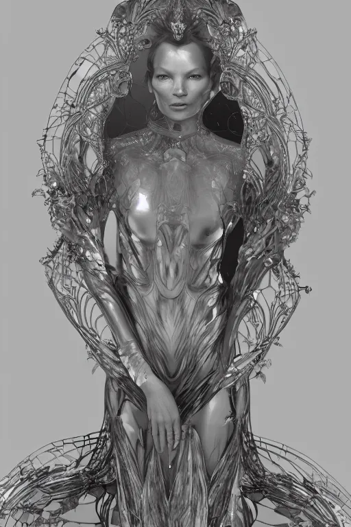 Prompt: a realistic portrait of a beautiful ancient alien woman goddess kate moss standing in iris van herpen dress jewelery and fractals in style of alphonse mucha art nuvo dmt trending on artstation made in unreal engine 4