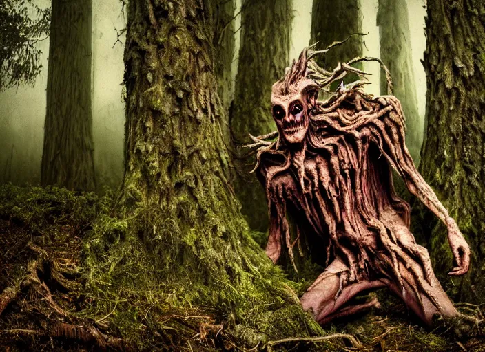 Image similar to an incredibly scary and very very unique monster creature of evil nature with animal, human and tree like characteristics, ancient folk legend in the forest, extremely creative and detailed, gloomy colors, 1 8 mm lens, digital medium format photography