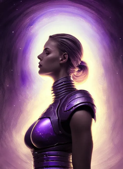 Prompt: top down lighting, extreme close up, stunning portrait of a woman in purple leather future armor with a long black ponytail, white eyes, with space and stars around her, spaceship hallway, intricate, mood lighting, highly detailed, digital painting, artstation, concept art, smooth, sharp focus, illustration, art by wlop, mars ravelo and greg rutkowski